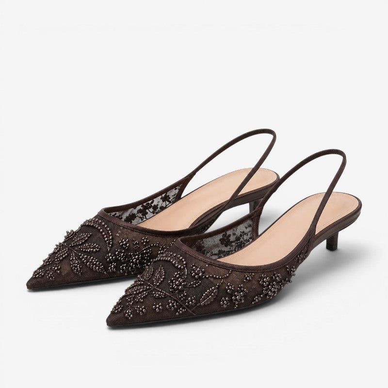Slingback Kitten Heels – floral embroidery, sheer mesh, pointed toe