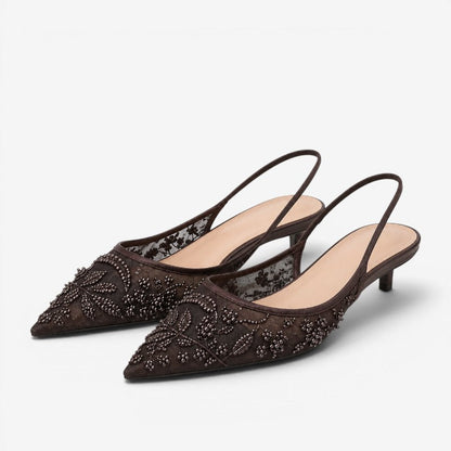 Slingback Kitten Heels – floral embroidery, sheer mesh, pointed toe