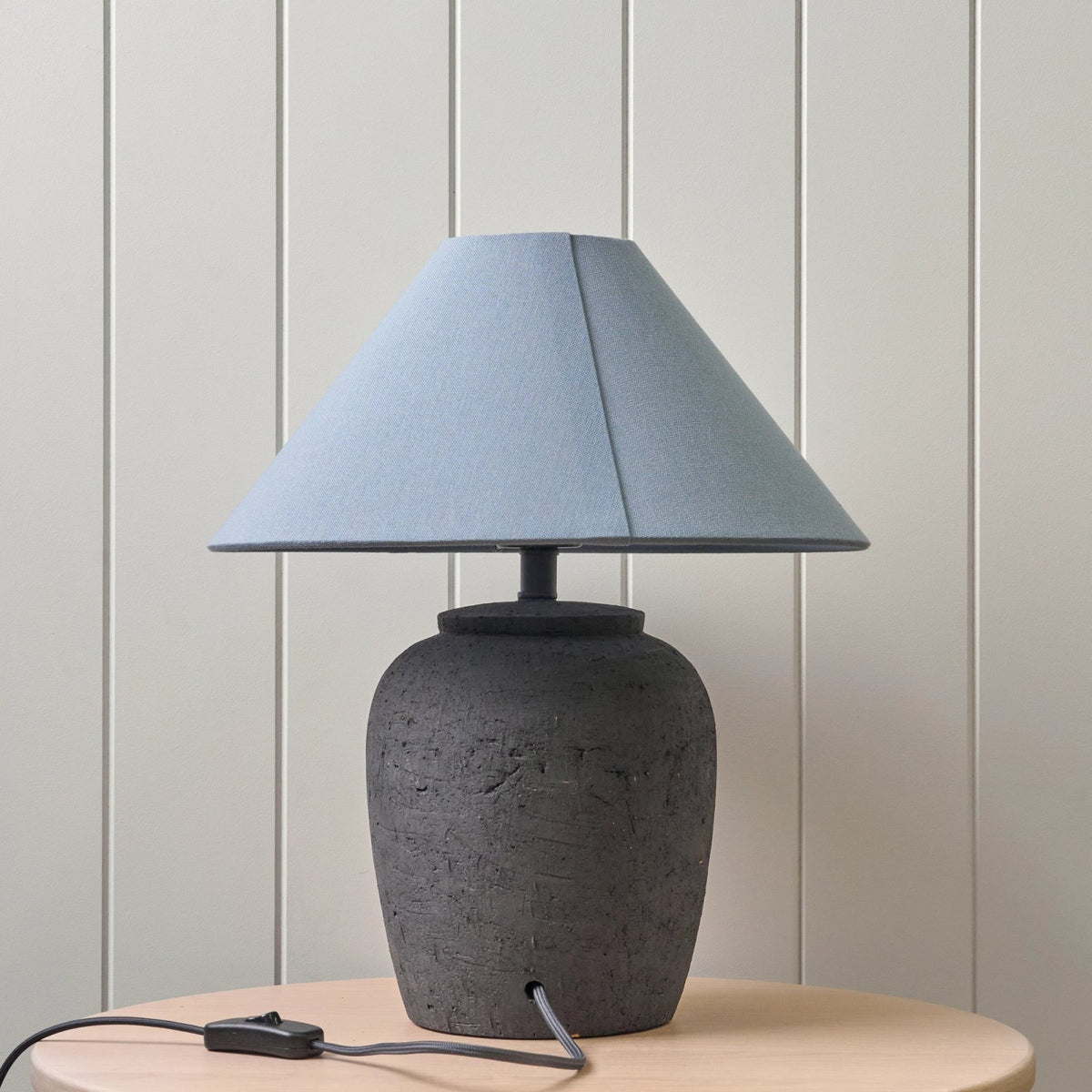 Storm Blue Ceramic Table Lamp – textured base, tonal fabric shade