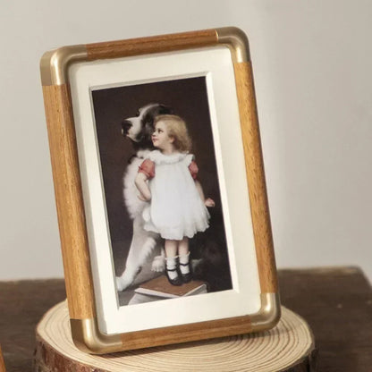 Wooden Photo Frame – brass-tone corners, tabletop stand, six sizes