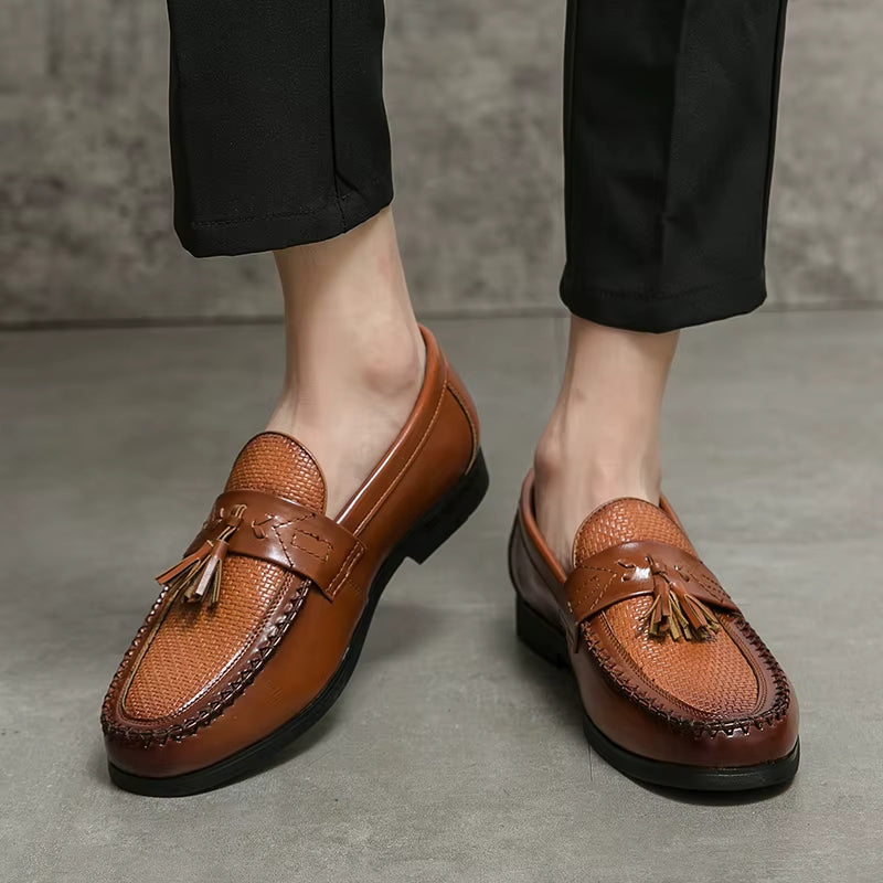 Mens Tassel Loafers – woven vamp, slip-on fit, rubber sole