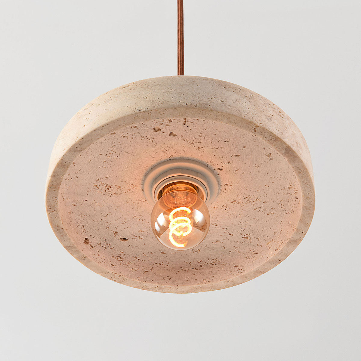 Travertine Pendant Light – natural stone shade, dark wood cap, adjustable cord