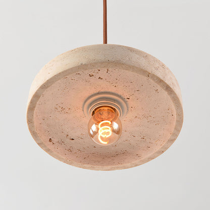 Travertine Pendant Light – natural stone shade, dark wood cap, adjustable cord