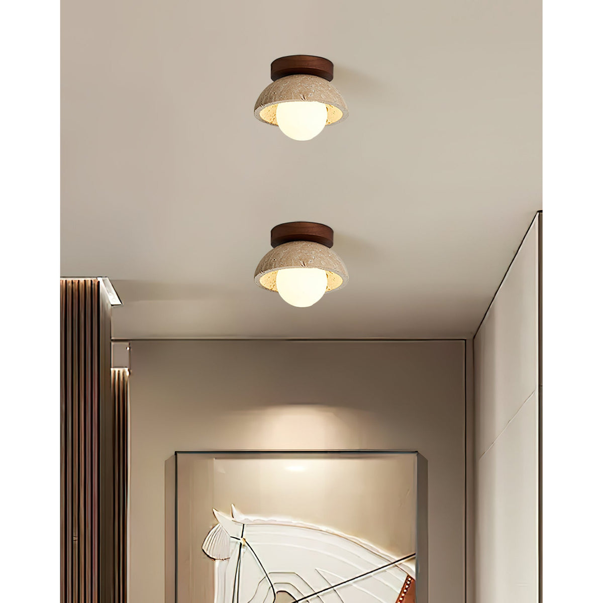 Compact Ceiling Light – walnut and beige, dimmable, wall or ceiling
