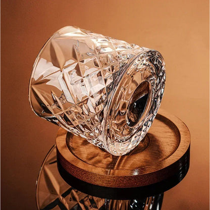 Rotating Whisky Glass – spinning rounded base, cut-glass pattern, four styles