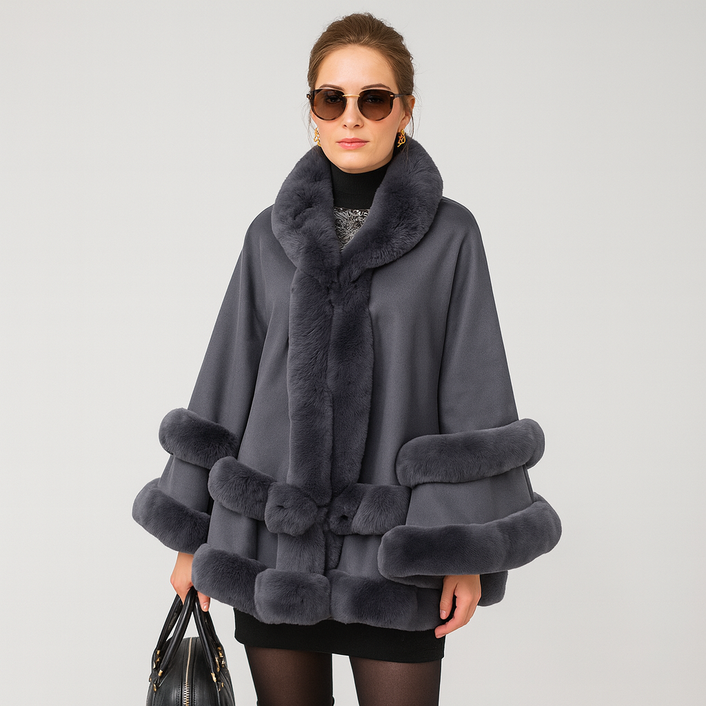 Faux Fur Trim Poncho – hooded cape coat, open front, one size