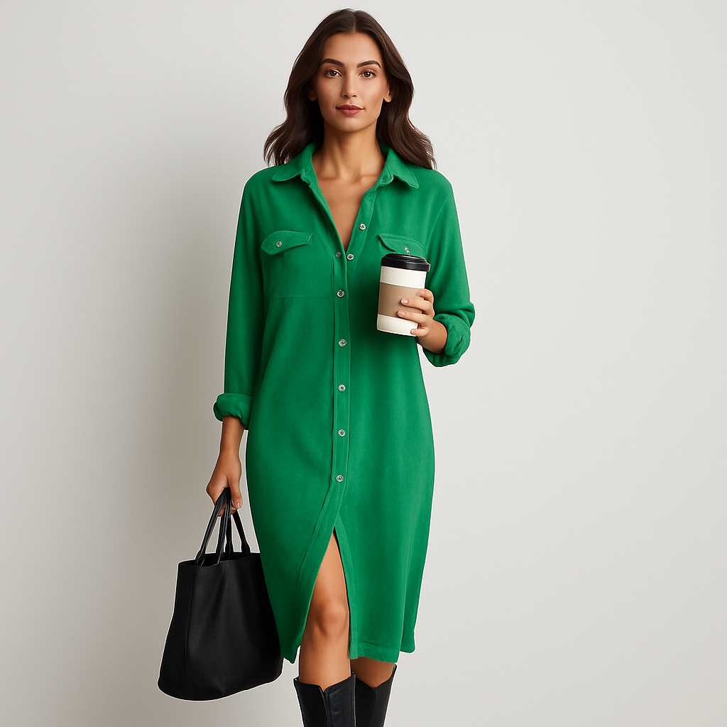 Corduroy Shirt Dress – two chest pockets, button front, midi length