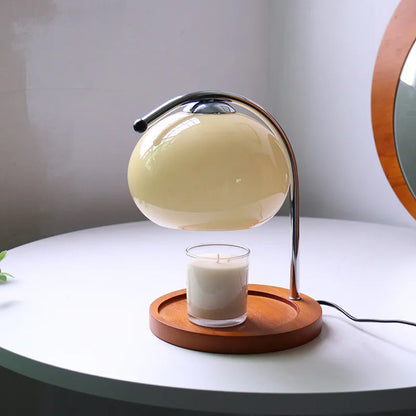 Candle Warmer Lamp – glass dome shade, chrome arm, wooden base