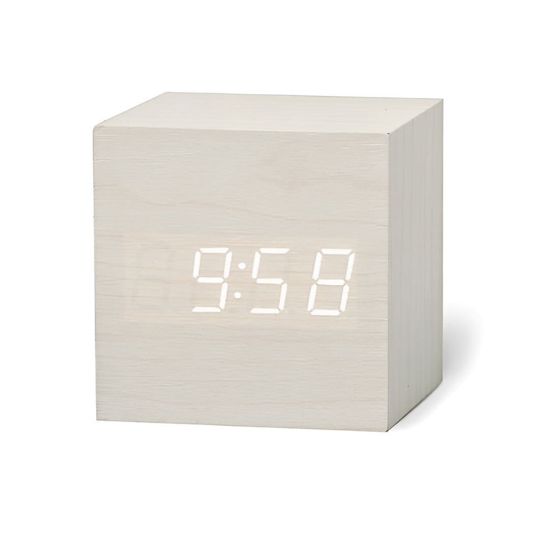 Wood Cube Alarm Clock – LED display, temperature, USB or battery