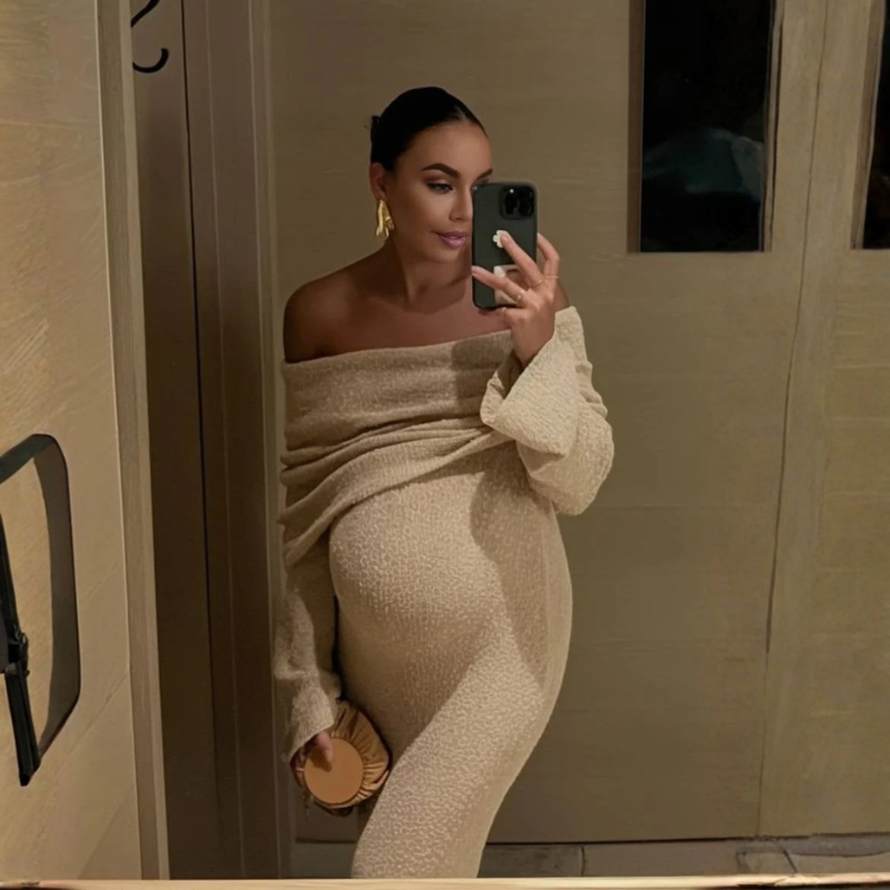Maternity Dress – off-shoulder neckline, long flared sleeves, full length
