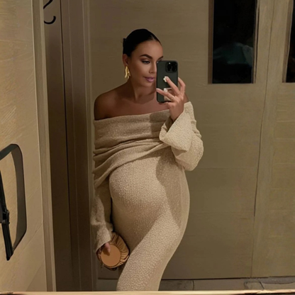 Maternity Dress – off-shoulder neckline, long flared sleeves, full length
