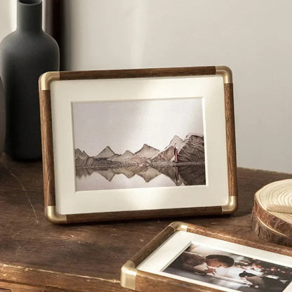Wooden Photo Frame – brass-tone corners, tabletop stand, six sizes