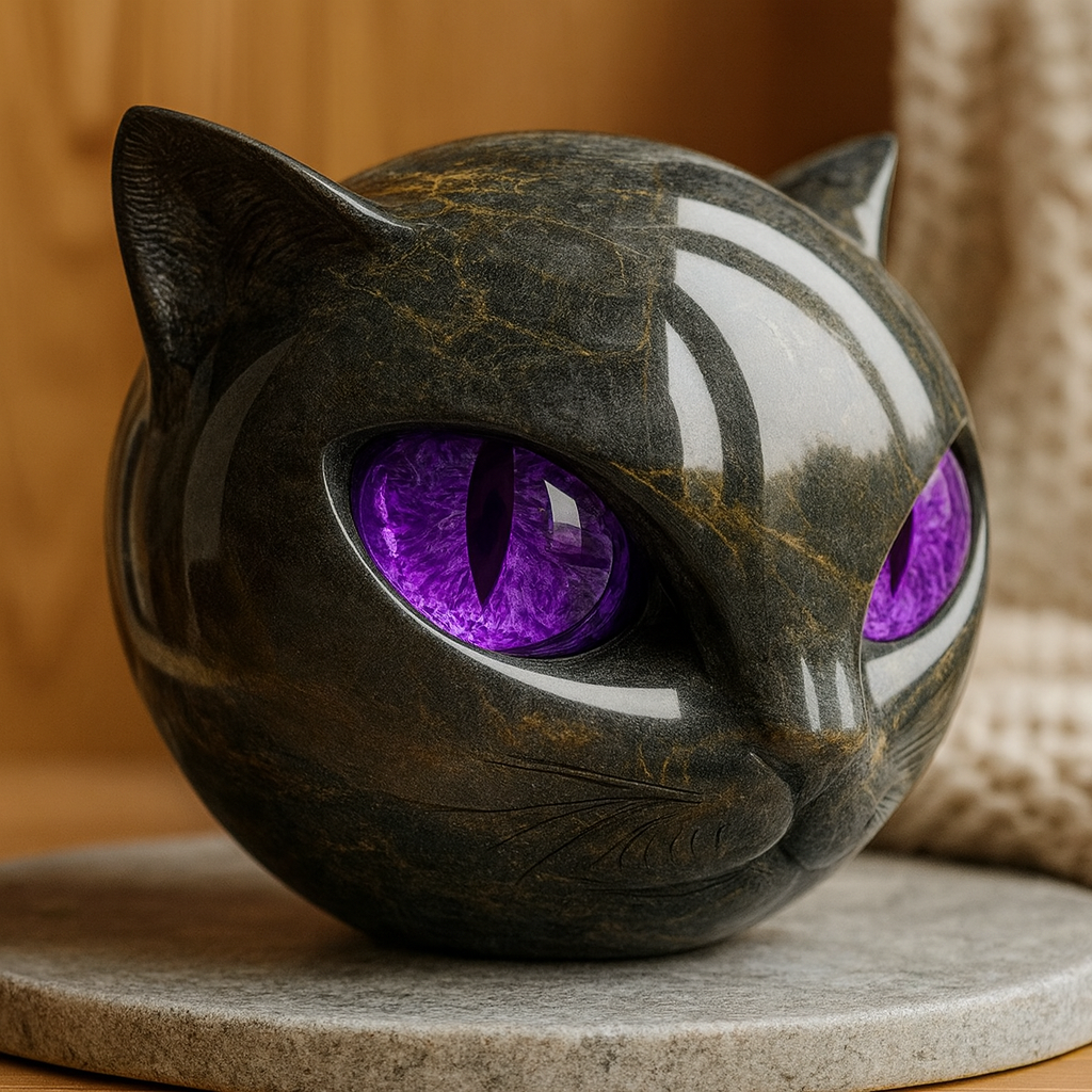 Cat Head Sculpture – marbled finish, coloured eyes, shelf decor