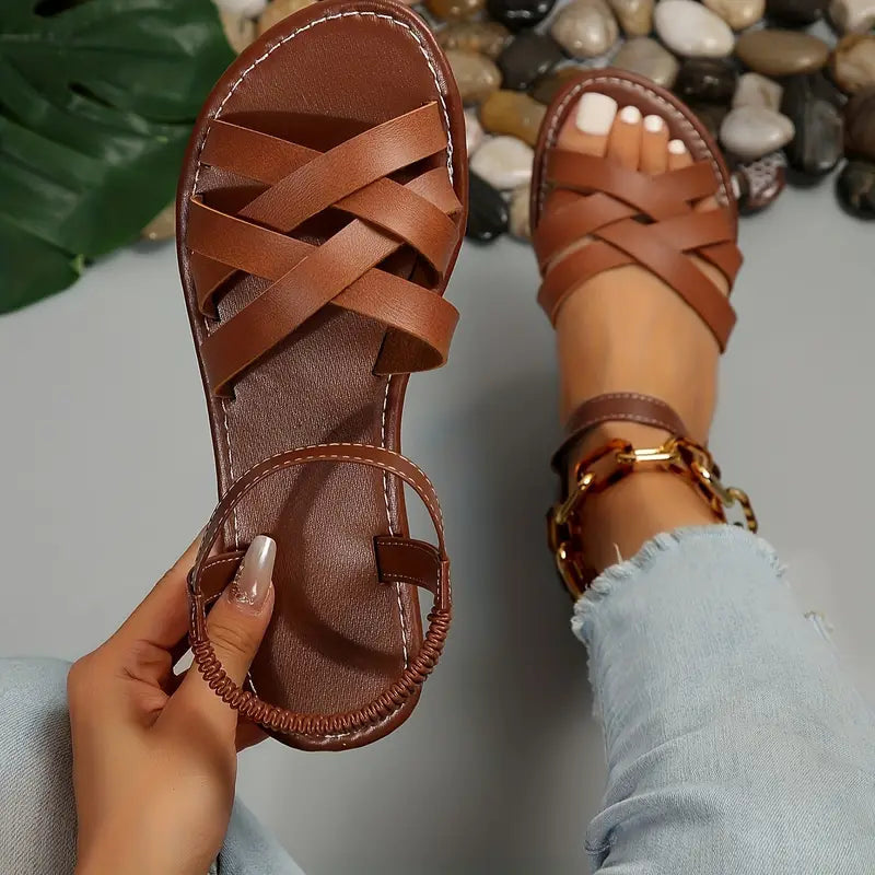 Womens Flat Sandals – cross straps, elastic ankle strap, open toe