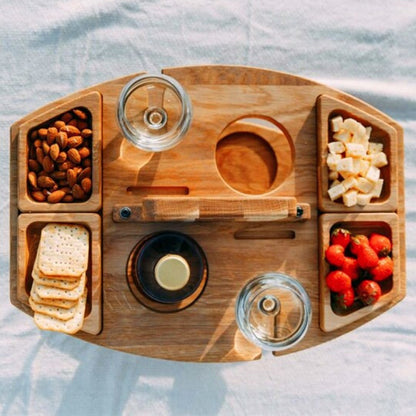 Folding Picnic Table – wine bottle and glass holders, four snack trays, carry handle