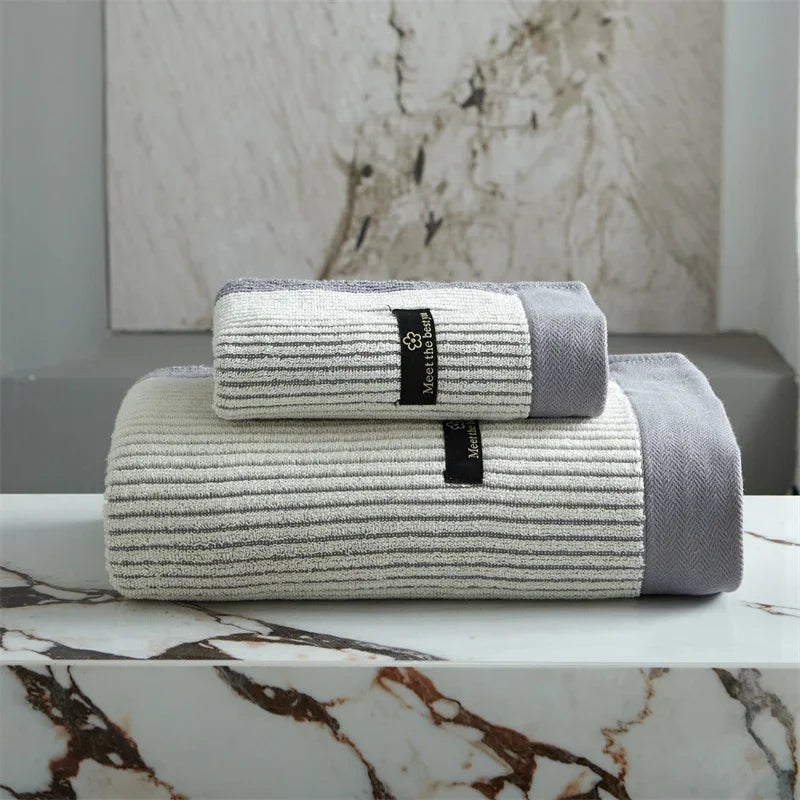 Striped Cotton Towel Set – bath towel and face towel, coloured border
