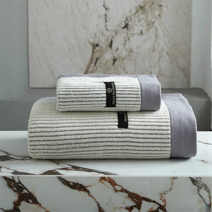 Striped Cotton Towel Set – bath towel and face towel, coloured border