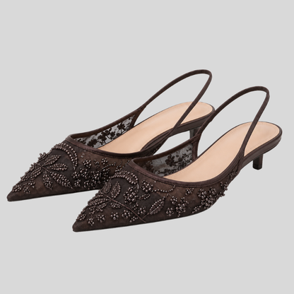 Slingback Kitten Heels – floral embroidery, sheer mesh, pointed toe