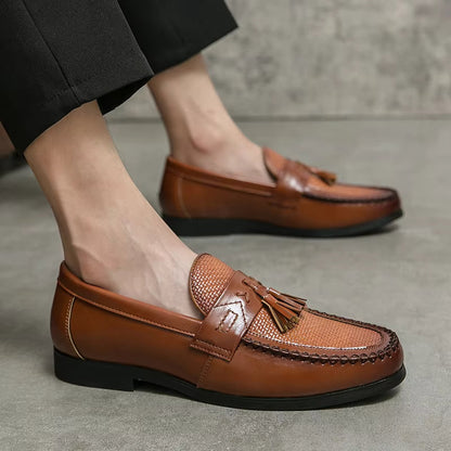 Mens Tassel Loafers – woven vamp, slip-on fit, rubber sole