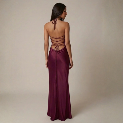 Satin Maxi Dress – spaghetti straps, lace-up open back, sequin bust