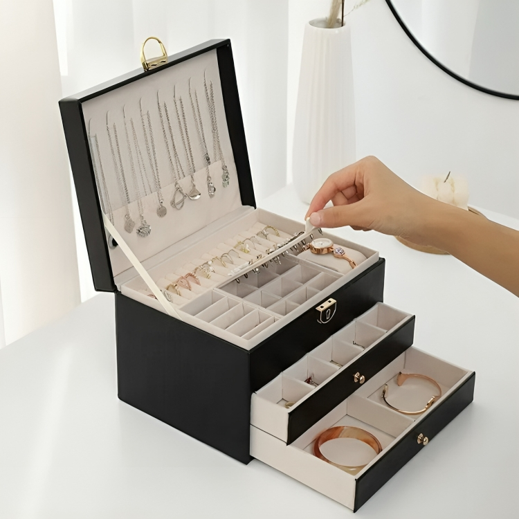 Jewellery Box – three tiers, pull-out drawers, lined compartments