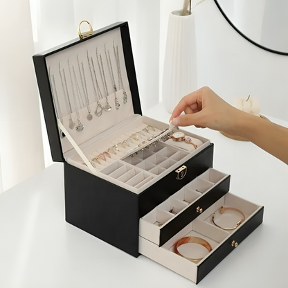 Jewellery Box – three tiers, pull-out drawers, lined compartments