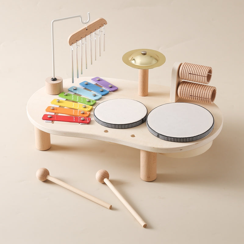 Wooden Music Table – two drums, xylophone, chimes and cymbal