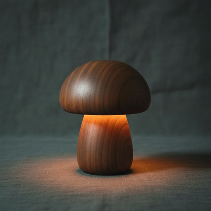 Wooden Mushroom Night Light – solid timber, touch dimmable, USB rechargeable