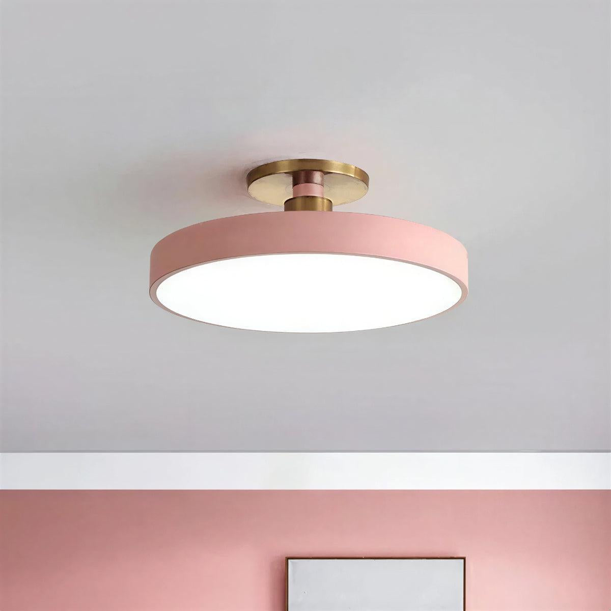 Round Semi-Flush Ceiling Light – brass stem, integrated LED, six colours