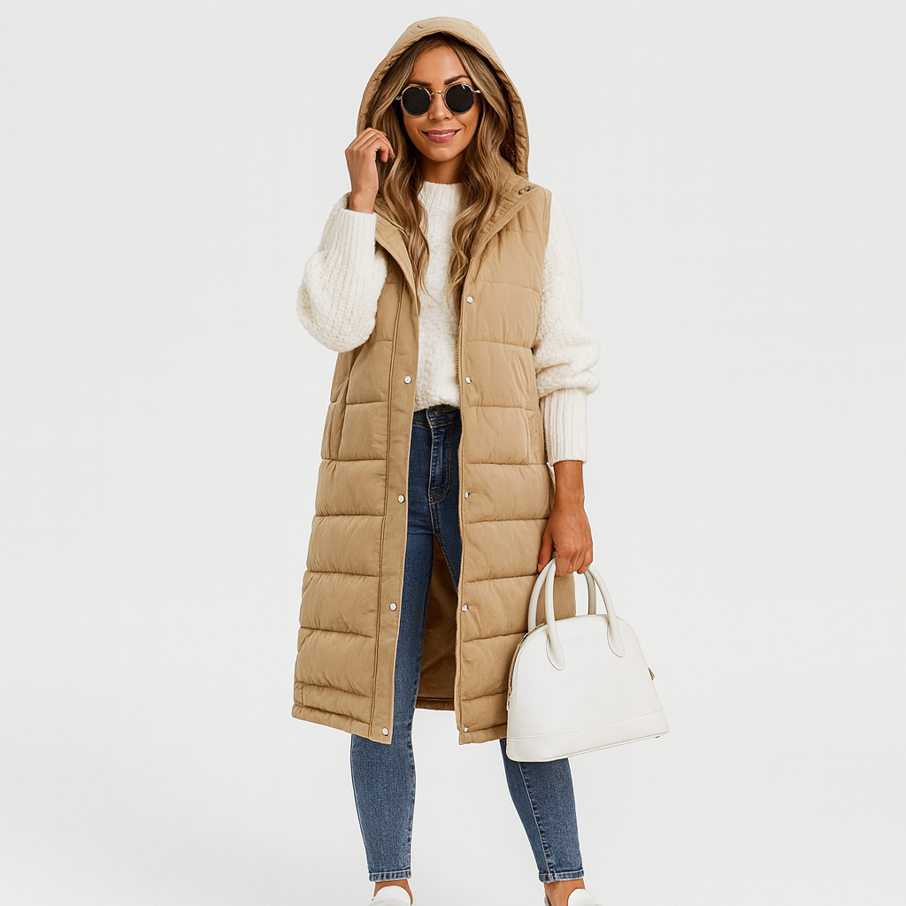 Women's Long Puffer Vest – hooded, quilted, button front