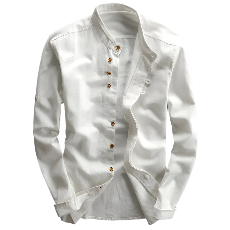 Band Collar Shirt – Japanese-inspired cut, long sleeves, relaxed fit