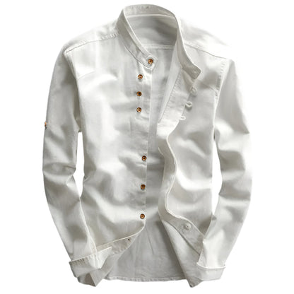 Band Collar Shirt – Japanese-inspired cut, long sleeves, relaxed fit