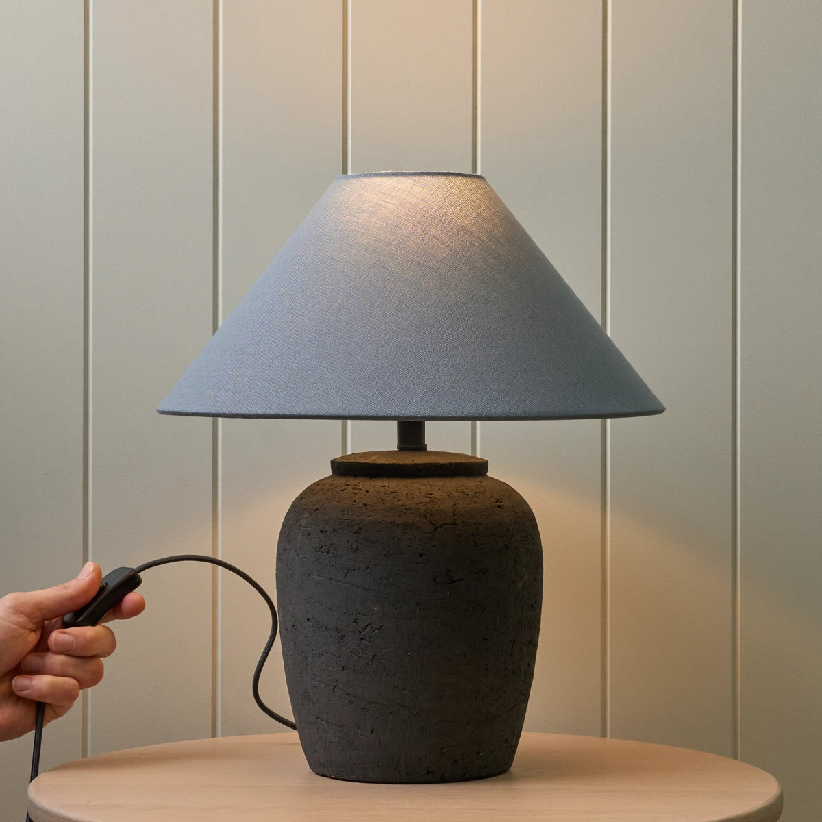 Storm Blue Ceramic Table Lamp – textured base, tonal fabric shade