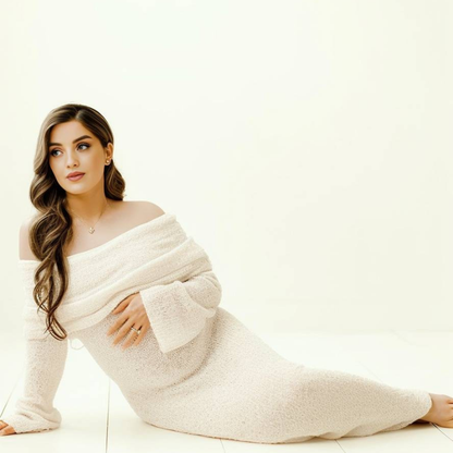 Maternity Dress – off-shoulder neckline, long flared sleeves, full length