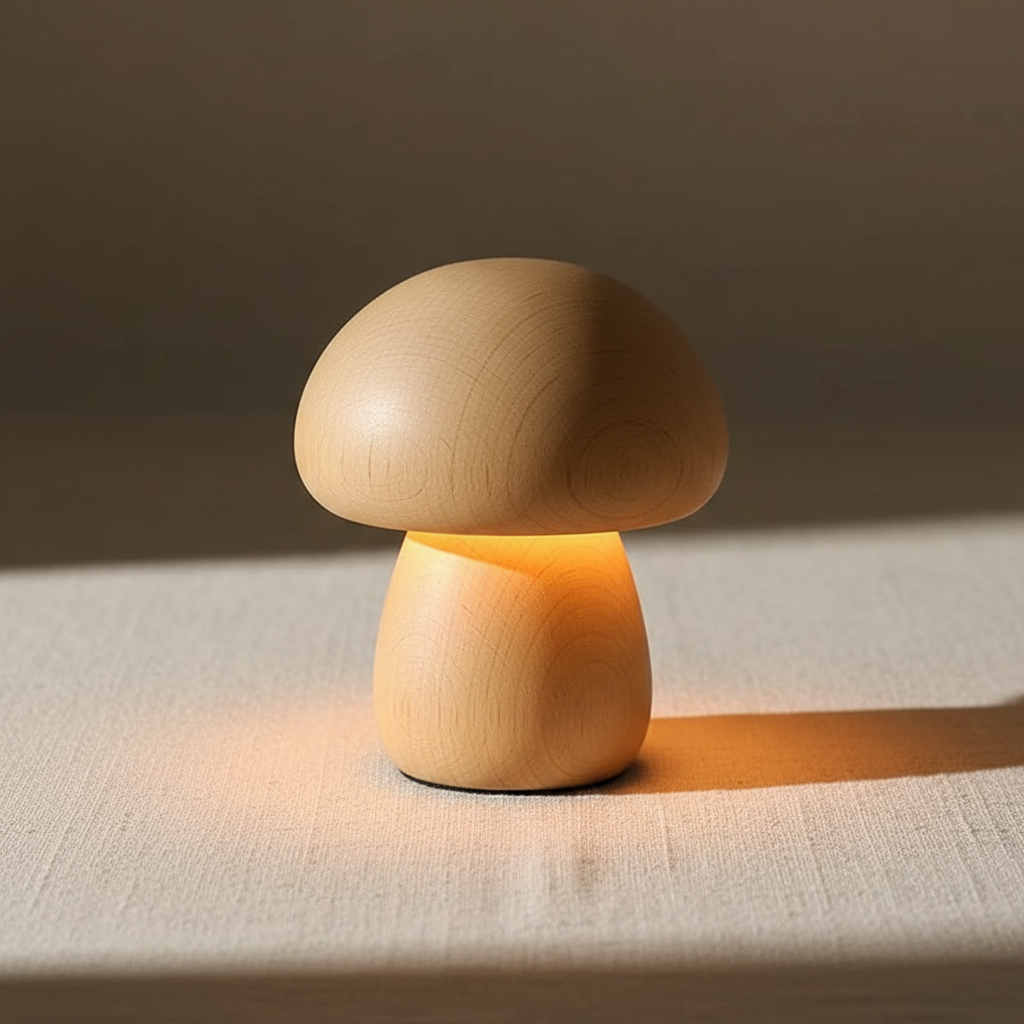 Wooden Mushroom Night Light – solid timber, touch dimmable, USB rechargeable