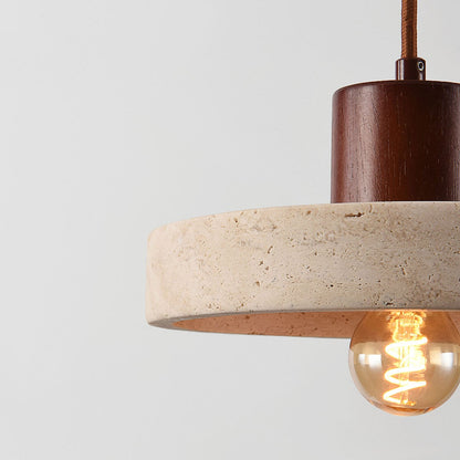 Travertine Pendant Light – natural stone shade, dark wood cap, adjustable cord