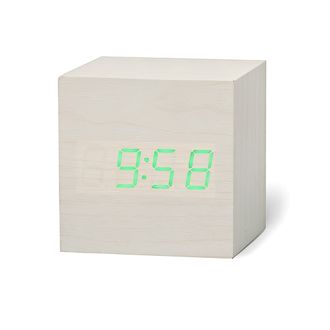 Wood Cube Alarm Clock – LED display, temperature, USB or battery