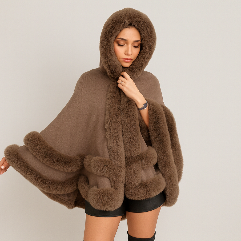 Faux Fur Trim Poncho – hooded cape coat, open front, one size