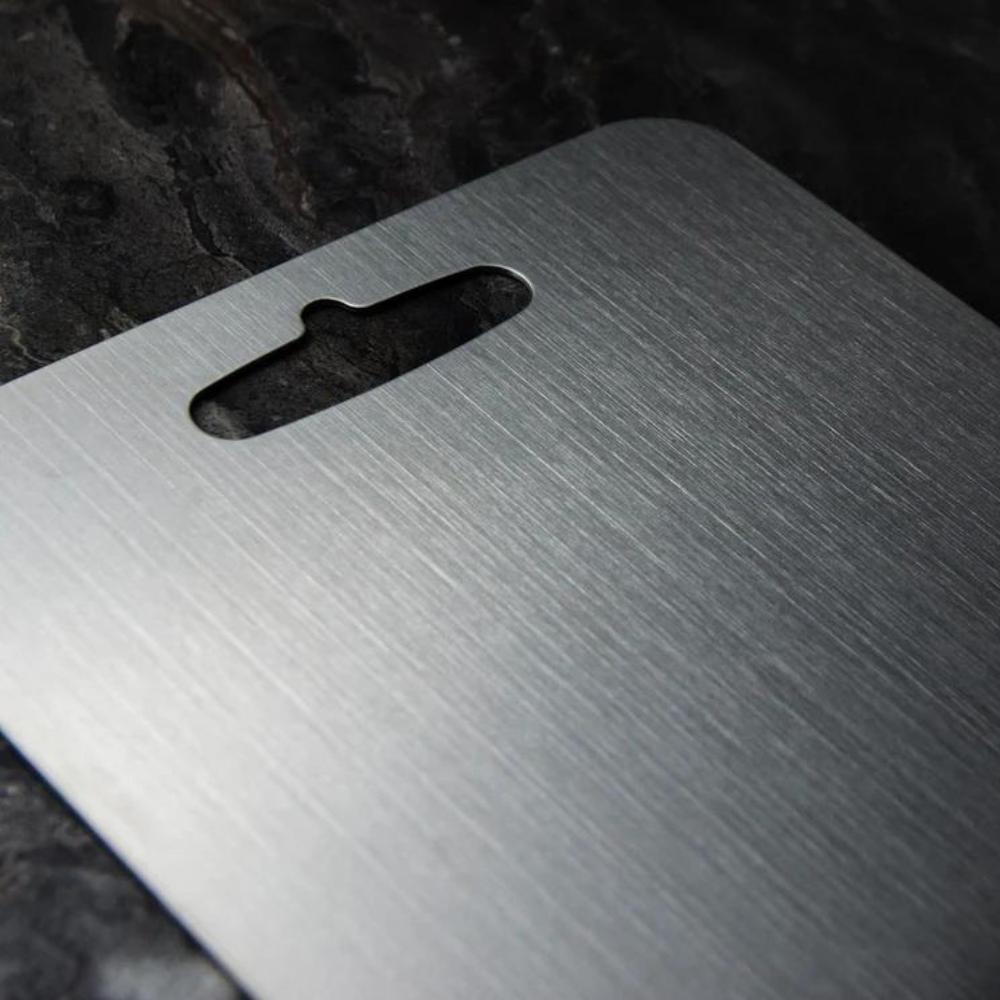 Stainless Steel Chopping Board – non-porous surface, hanging slot, knife friendly