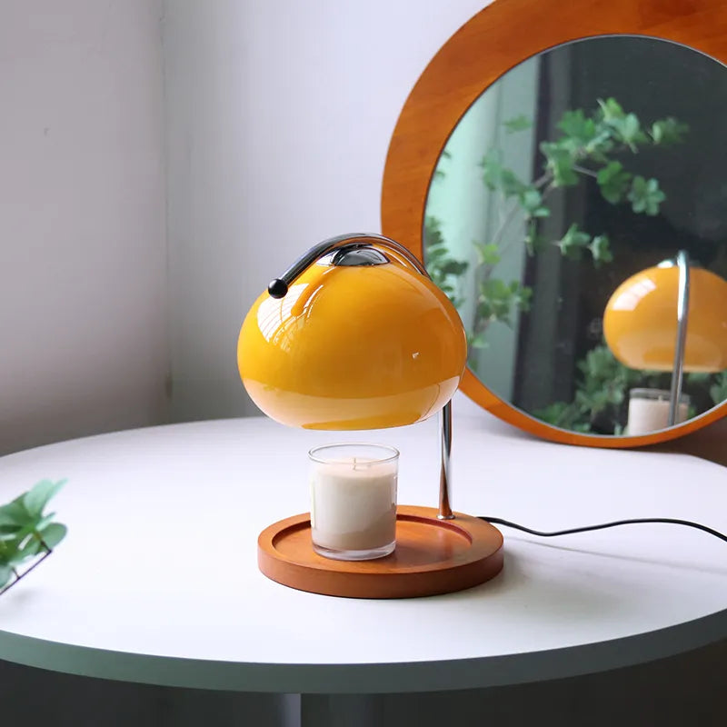 Candle Warmer Lamp – glass dome shade, chrome arm, wooden base