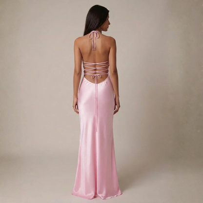 Satin Maxi Dress – spaghetti straps, lace-up open back, sequin bust