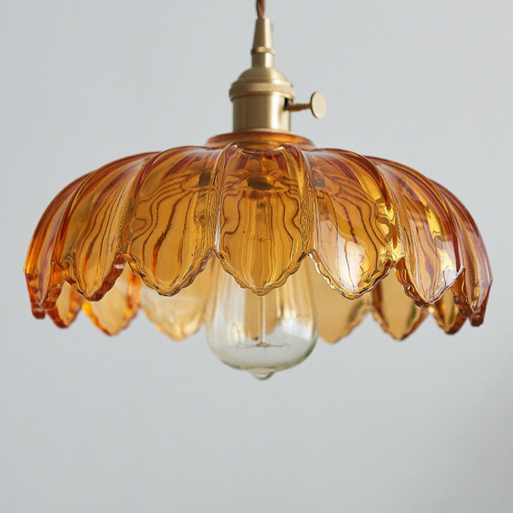 Flower Glass Pendant Light – scalloped shade, brass-tone fitting, four colours