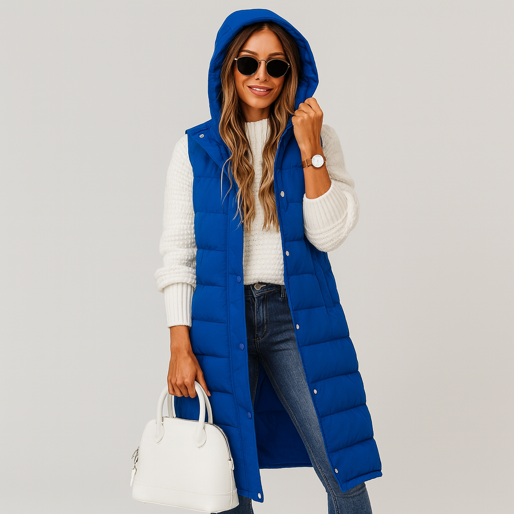 Women's Long Puffer Vest – hooded, quilted, button front