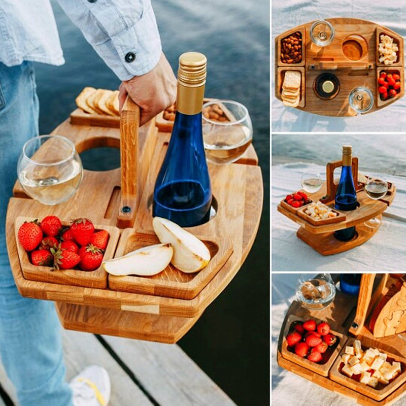 Folding Picnic Table – wine bottle and glass holders, four snack trays, carry handle