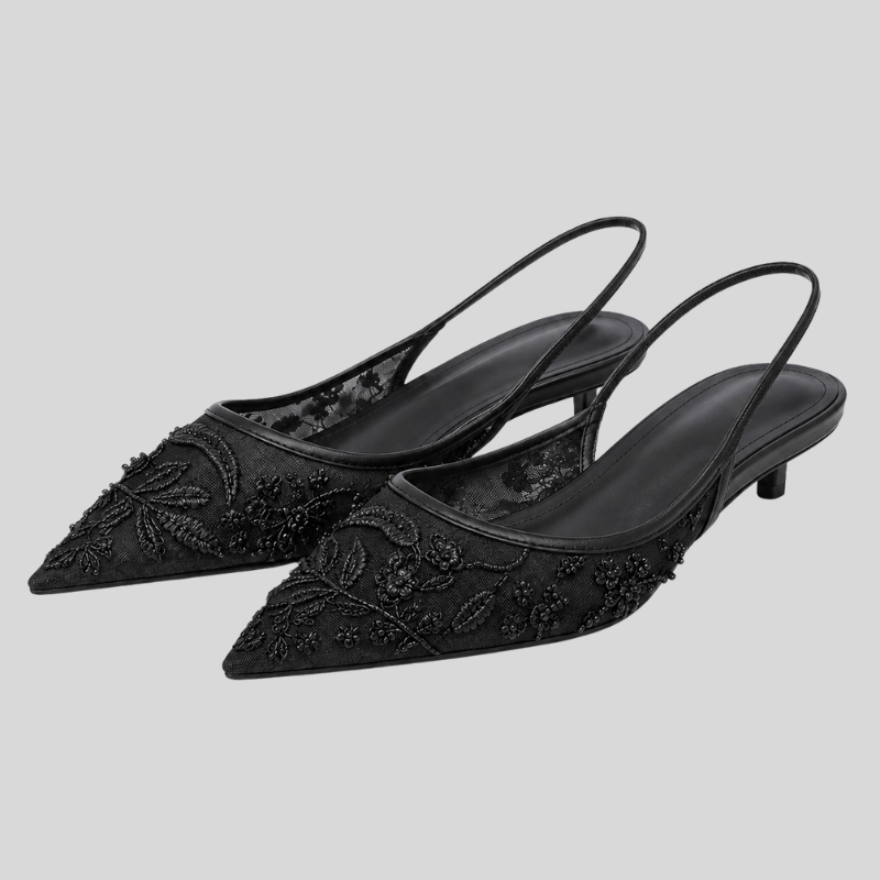 Slingback Kitten Heels – floral embroidery, sheer mesh, pointed toe