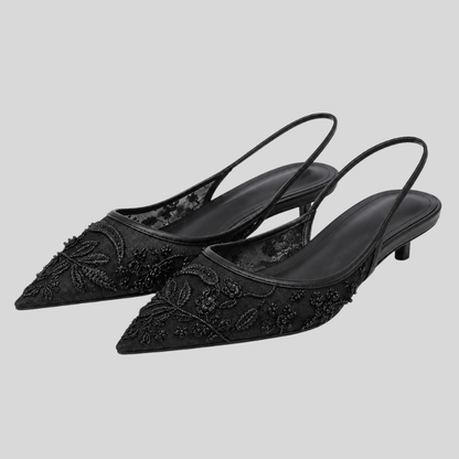 Slingback Kitten Heels – floral embroidery, sheer mesh, pointed toe