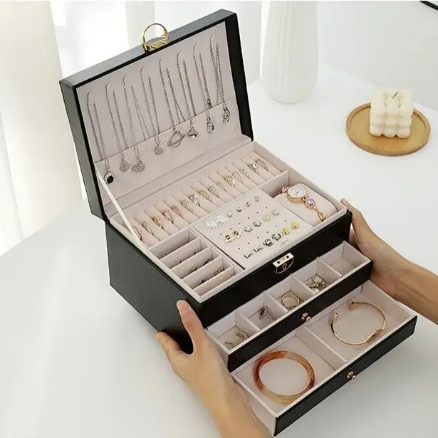 Jewellery Box – three tiers, pull-out drawers, lined compartments
