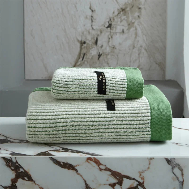 Striped Cotton Towel Set – bath towel and face towel, coloured border