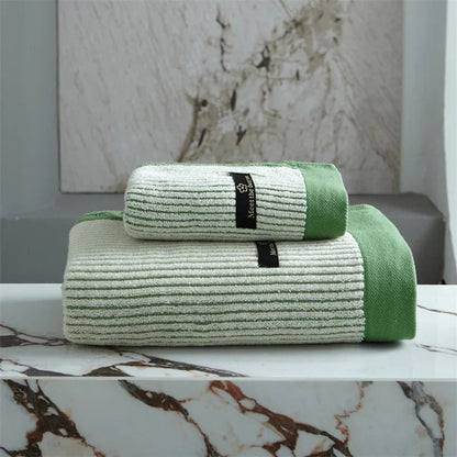 Striped Cotton Towel Set – bath towel and face towel, coloured border