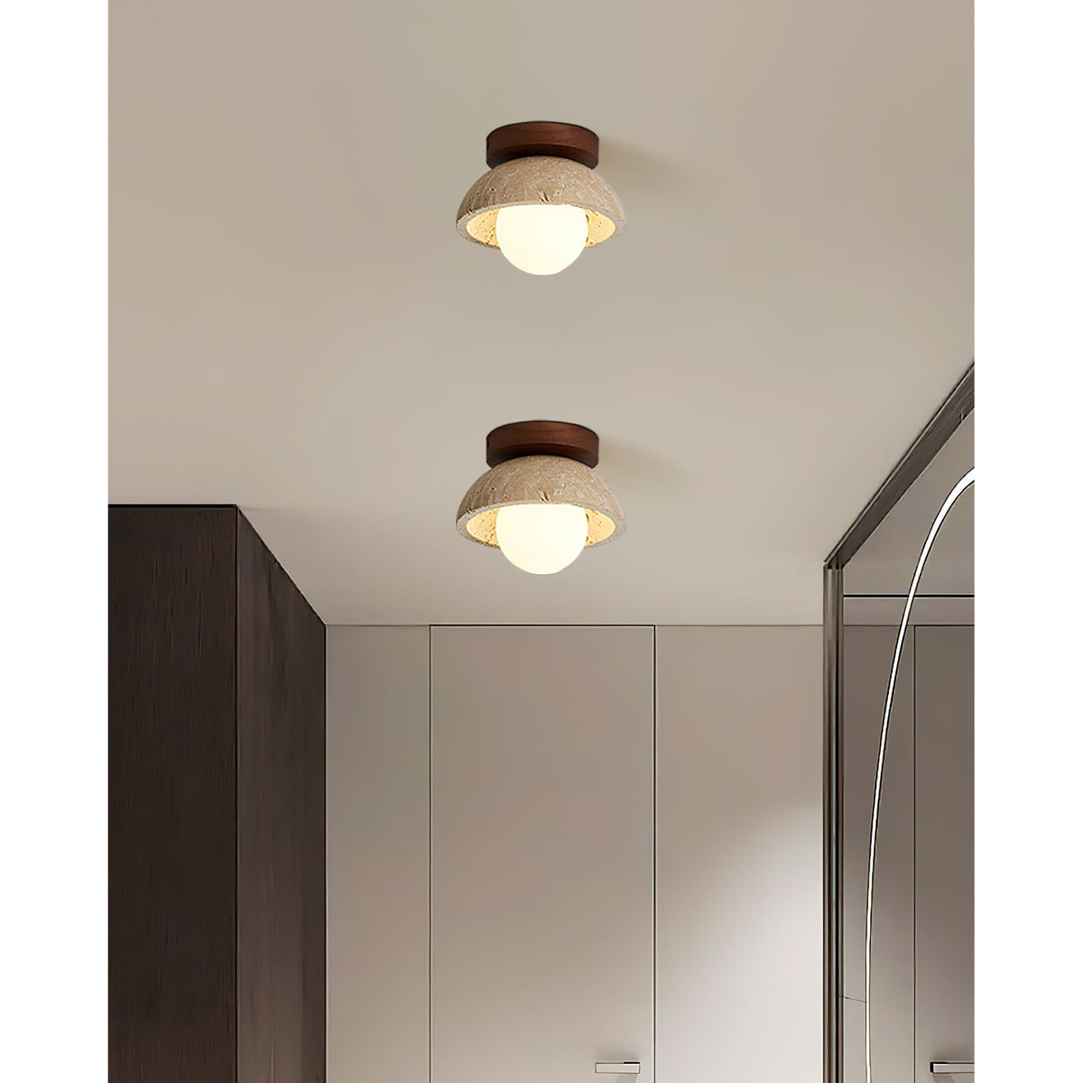 Compact Ceiling Light – walnut and beige, dimmable, wall or ceiling